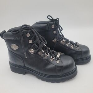Harley Davidson Womens Black Leather Biker Boots Lace Up Moto Lug Sole Logo
